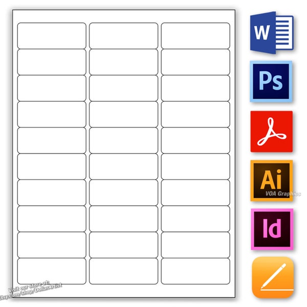 Label Template 30 per page Blank Rectangle 1" x 2-5/8"  Printable 30 a sheet Sticker Template PSD PNG PDF Word Illustrator