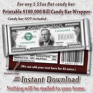 PRINTABLEMoney Candy Bar Wrappers Chocolate Download instantâneo Arte em dólar em dinheiro Cem mil dólares