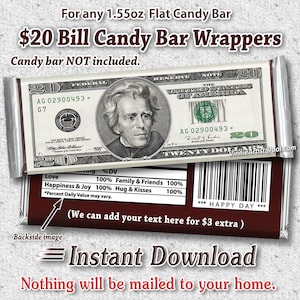 PRINTABLE Money Candy Bar Wrappers Chocolate Instant Download Cash Dollar Twenty 20 Dollar Bill 20th Birthday 20th Anniversary