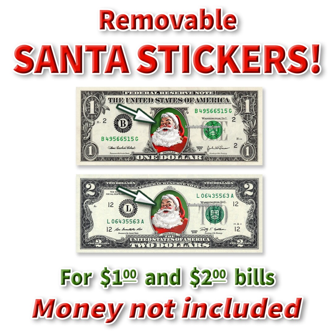 Santa Money Stickers for One and Two Dollar Bill Gift NO CURRENCY INCLUDED Decals Dollar Claus ...