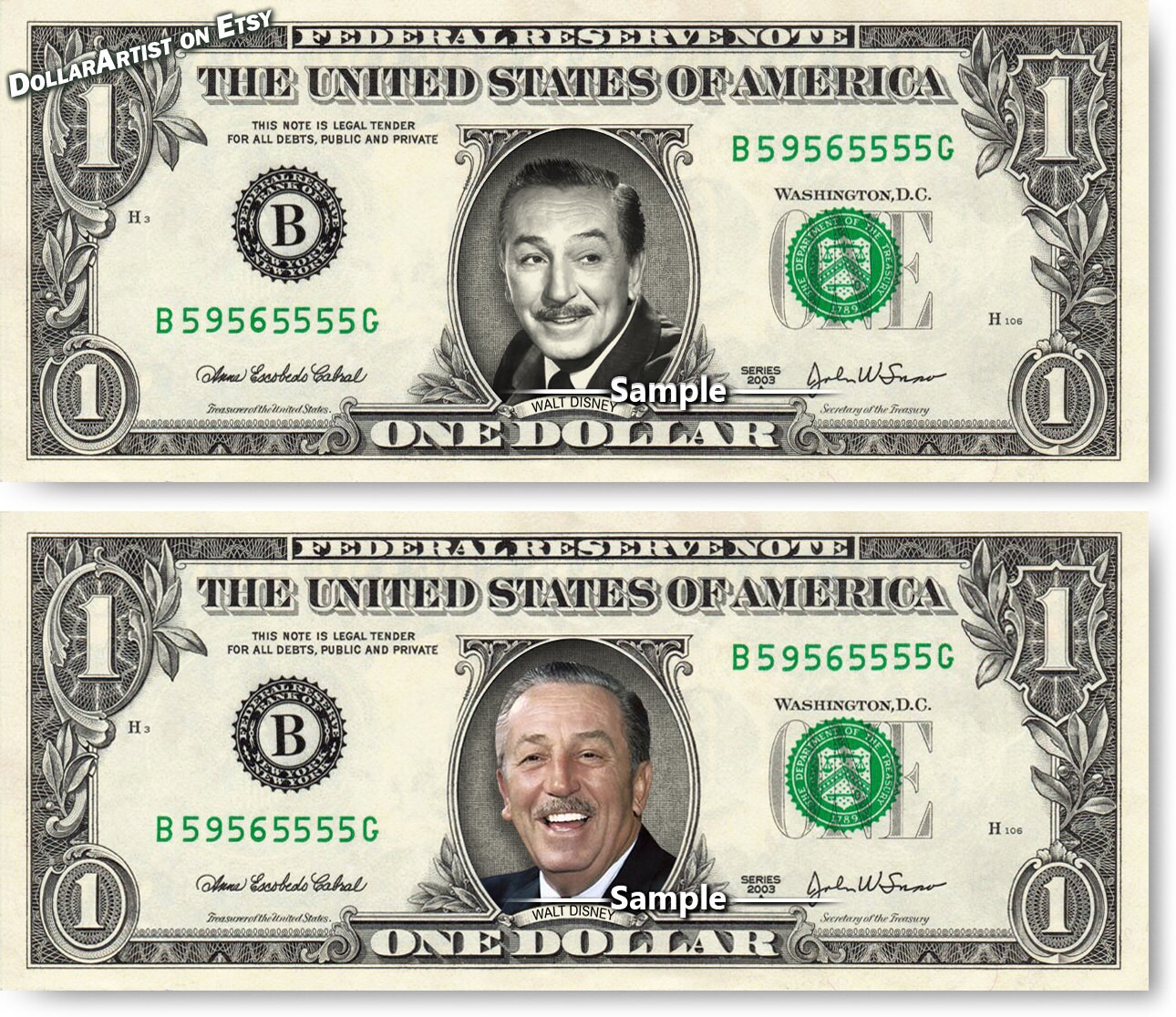 WALT DISNEY on a REAL Dollar Bill Cash Money Collectible Etsy