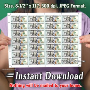 Printable TINY Money Sheets with Cut Marks 28-per-page Dollar Cash Image for Letter Size Paper 100 Hundred Dollar Bill FRONT 28up