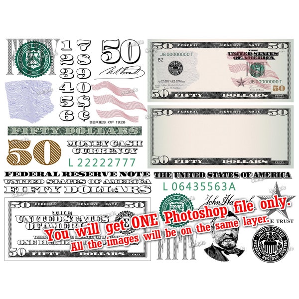 Fifty Dollar Bill Design Images Photoshop Transparent File PNG Graphics Vignette 50 Cash Currency Money Artwork Digital