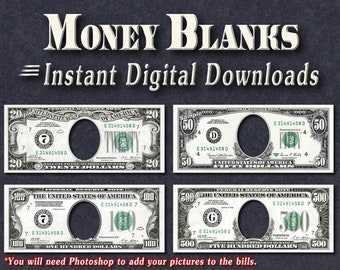 4 MONEY BLANKS Photoshop Transparent File Twenty Fifty Five Hundred Dollar Bill Design Images Graphics 20 50 100 500