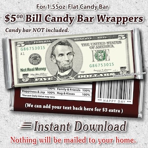 PRINTABLE Money Candy Bar Wrappers Chocolate Instant Download Cash Dollar Five 5 Dollar Bill 5th Birthday 5th Anniversary Party