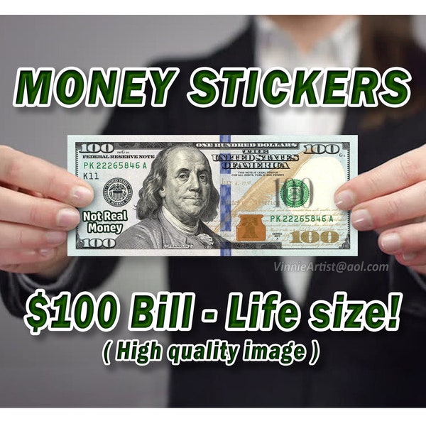 One(1) Sticker Hundred Dollar Bill Design Glossy Decal High Gloss Sticker Money Sticker Money Labels 100 Dollar Bill 100th Birthday