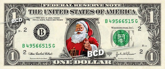 Santa Claus Coca Cola On A Real Dollar Bill Money Cash Etsy