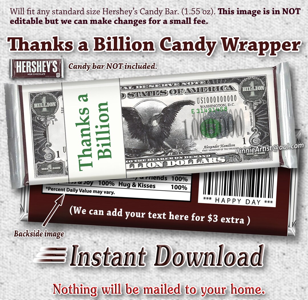 PRINTABLE Hersheys Candy Bar Wrapper Thanks a Billion Money - Etsy