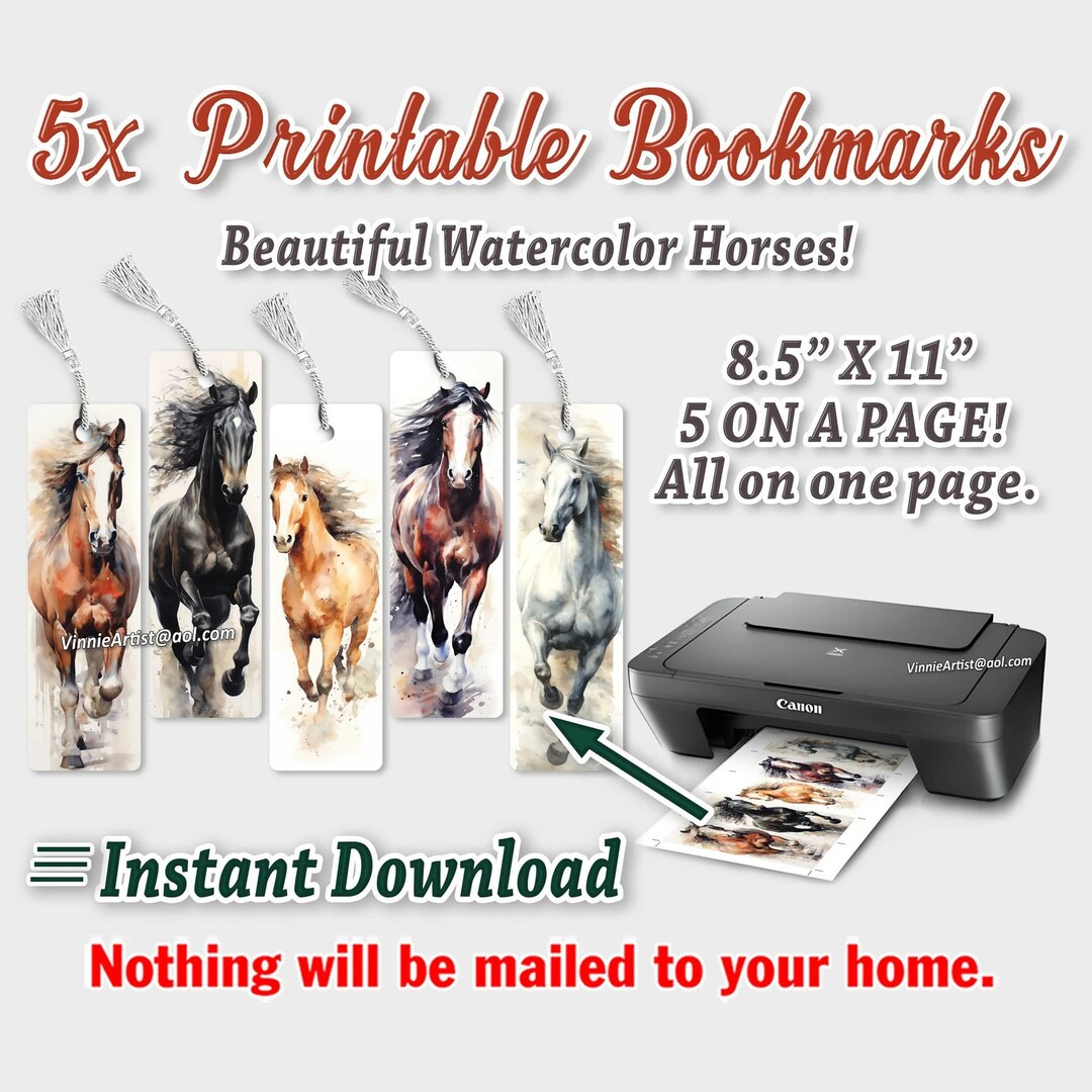 5x Printable Bookmarks Watercolor Horses 5 per Page Cut Mark Book ...