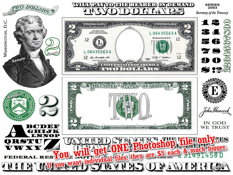 Two Dollar Bill Design Images Photoshop Transparent File PNG | Etsy