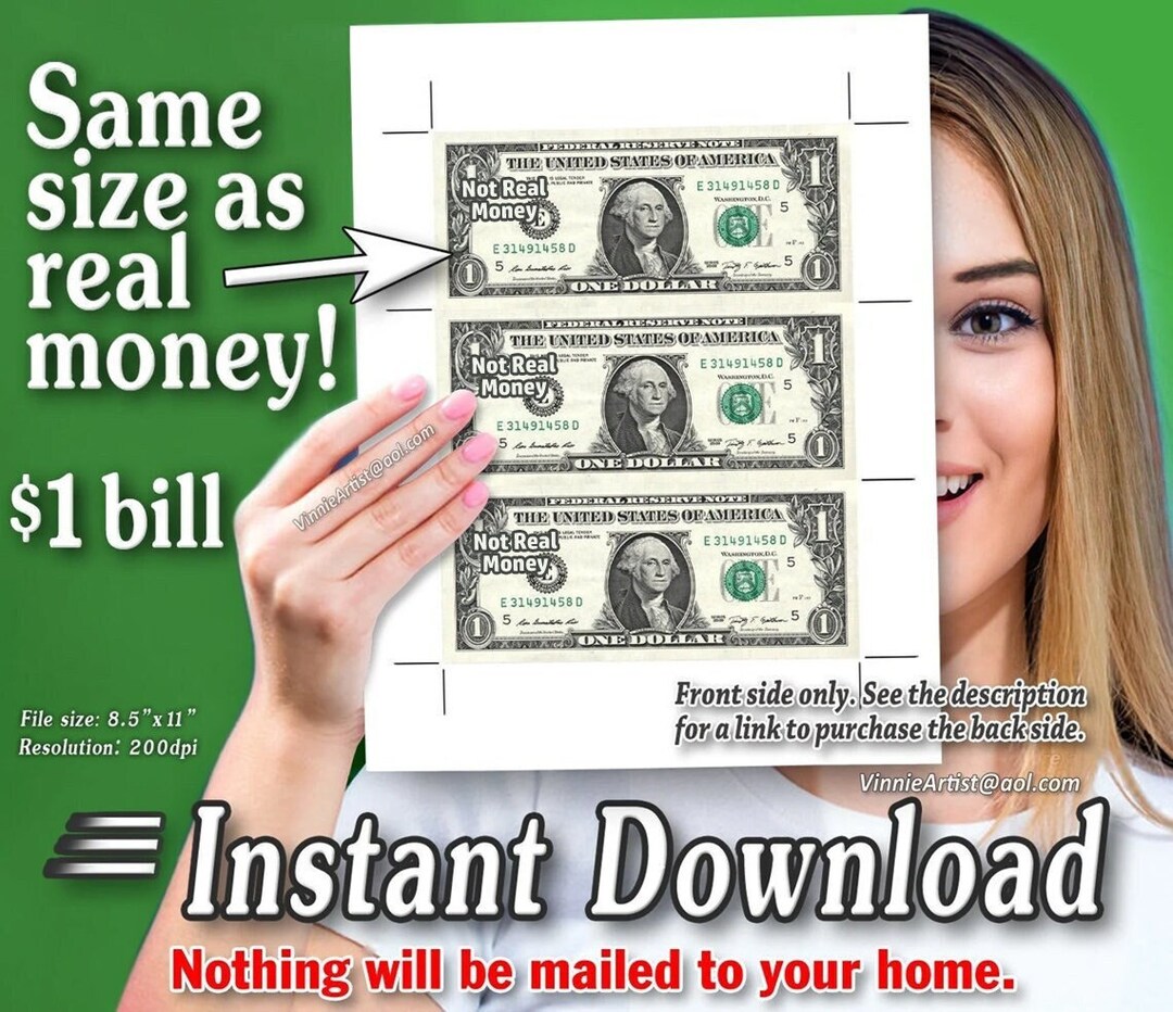 Printable Money Sheets With Cut Marks 3-per-page Cash One Dollar Image for Letter Size Paper 1 ...