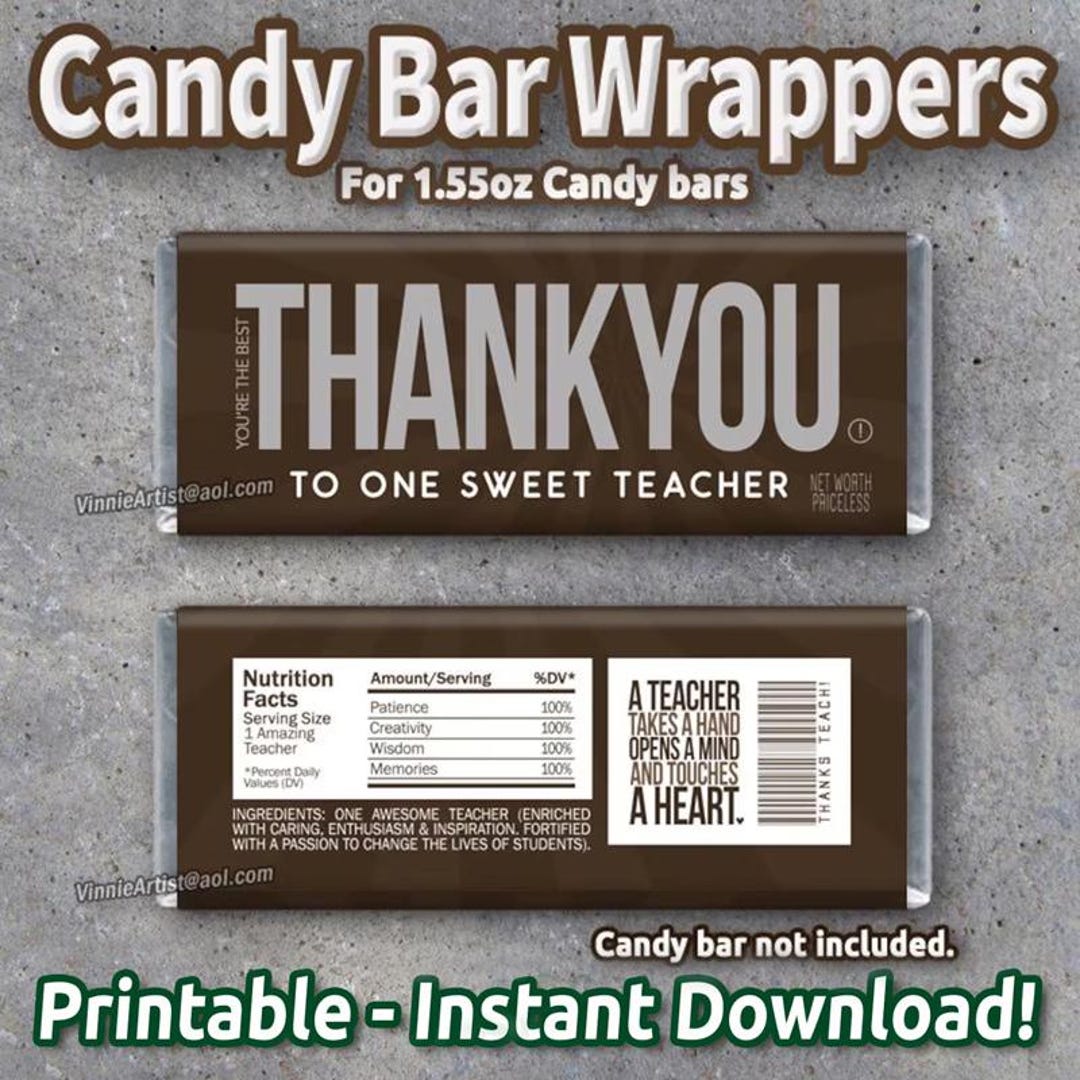 PRINTABLE Thank You Teacher Appreciation Candy Bar Wrappers Instant ...