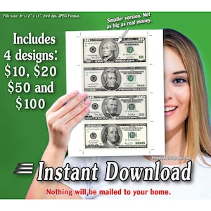 Printable SMALL Money Sheets With Cut Marks 4-per-page Cash Dollar ...