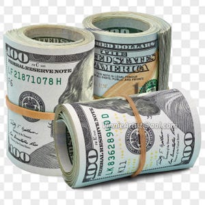 IMMAGINE IN VENDITA: Pila di banconote da 100 dollari con fascette, 3 rotoli, 100 file PNG trasparenti, download digitale, grafica Photoshop
