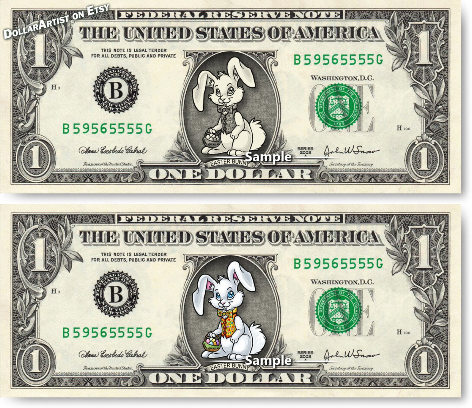 EASTER BUNNY on Real Money Dollar Bill Cash Art Rabbit Cute Etsy