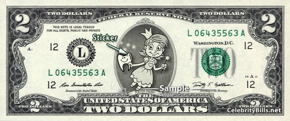 TOOTH FAIRY on a Real TWO Dollar Bill Great for Under the Pillow Cash Money  Bank Note 