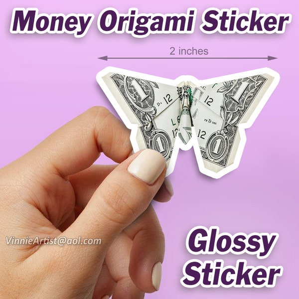 Money Origami Butterfly Sticker Glossy Kiss Cut Stickers Decals Labels Dollar Origami Stickers