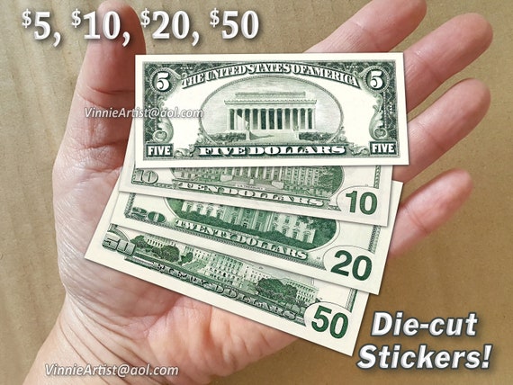 4x Small Money STICKERS Dollar Bills Tiny Mini Cash Decal 5 10 20 50