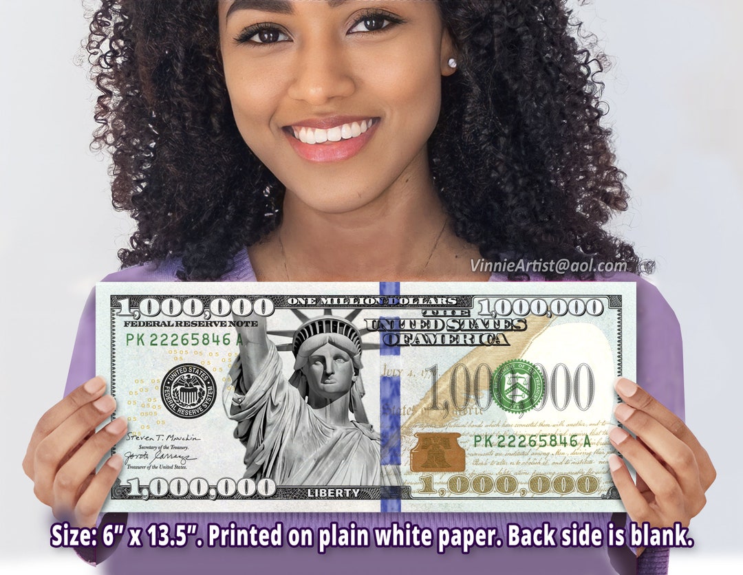OVERSIZED PRINT-OUT of a Million Dollar Bill 6 X 13.5 on Plain White ...