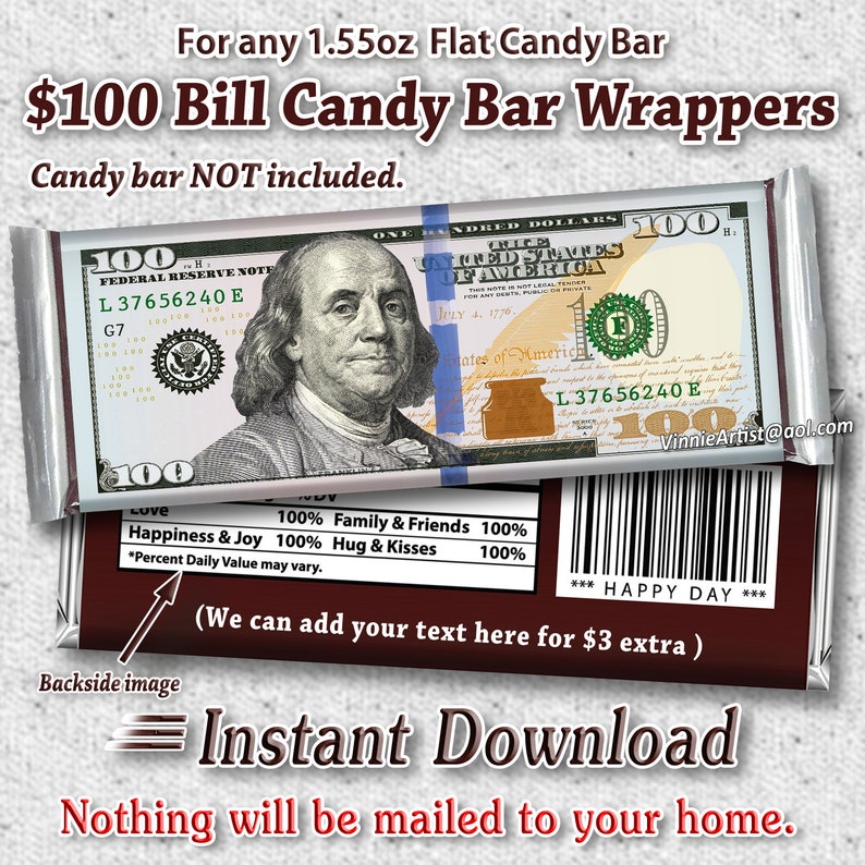 PRINTABLE Hundred Dollar Bill Candy Bar Wrapper for All You Do PRINTABLE Hundred Dollar Bill Candy Bar Wrapper for All You Do