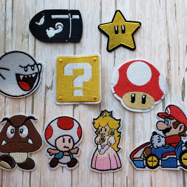 Lot of 9 pc Super Mario Bros Brothers Kart Toad Ghost Yoshi Fabric Embroidered Iron On Patch Applique DIY No Sew, Peach Mushroom 1up