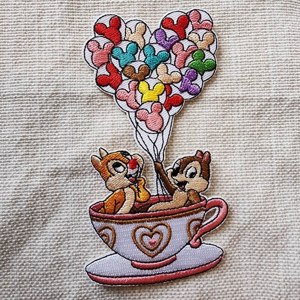 In Stock NOW 4" Chip and Dale Chipmunks with Balloons Spinning Tea Cup Ride Disney Parks Happiest Place Earth Embroidered Iron On Patch