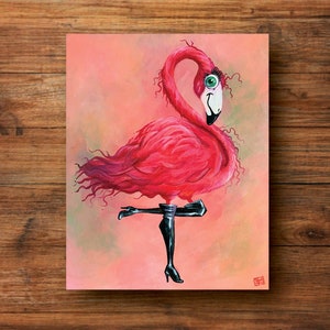 May include: A pink flamingo with a single green eye and black boots stands on one leg against a peach background.