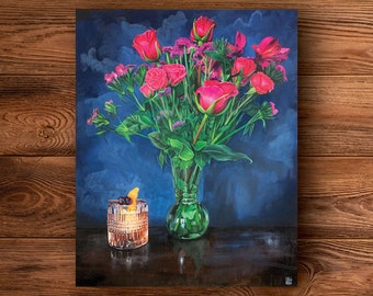 Whiskey & Pink Flowers - Fine Art Print - Hand Painted Art - Cocktails and Flowers Art Series - Bar Art / Flower Art / Still Life Painting