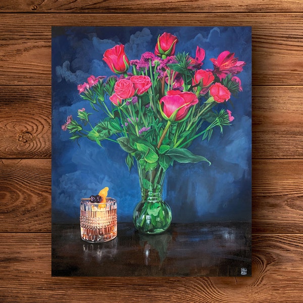 Whiskey & Pink Flowers - Fine Art Print - Hand Painted Art - Cocktails and Flowers Art Series - Bar Art / Flower Art / Still Life Painting