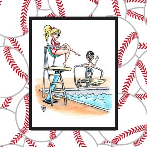 May include: A cartoon illustration of a lifeguard sitting on a lifeguard stand and a person on a diving board. The lifeguard is wearing a red swimsuit and sunglasses. The person on the diving board is wearing a blue swimsuit and glasses. The illustration is set against a background of a swimming pool.