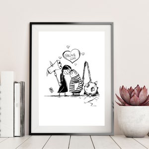 Rywalizacja rodzeństwa - wydruk artystyczny - ręcznie rysowana sztuka - Popkultura / Brat / Siostra / Rodzina / Geek / Nerd / Zabawna sztuka