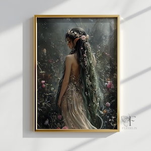 May include: A painting of a woman with long green hair and a floral crown standing in a forest. She is wearing a flowing white dress with floral details. The background is a lush green forest with flowers.