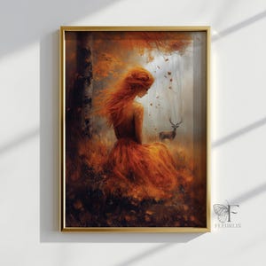 Herbst Malerei mystisch Herbst Maiden Wald Szene wunderlich Feenwelt Digitales Poster Vintage Frauen Portrait dunkel Cottagecore Art