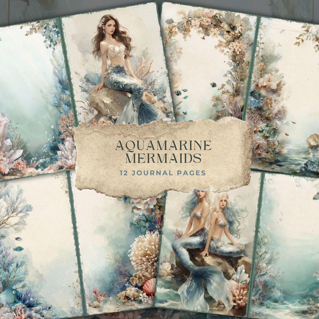 Aquamarine Mermaids Journal Pages – Ocean Fantasy Junk Journal Papers ...