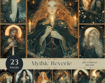 May include: A digital art collection titled "Mythic Reverie" featuring illustrations of ethereal figures. The artwork showcases characters with flowing hair, adorned in flowing robes, and set against celestial backgrounds. The collection includes 23 pages.