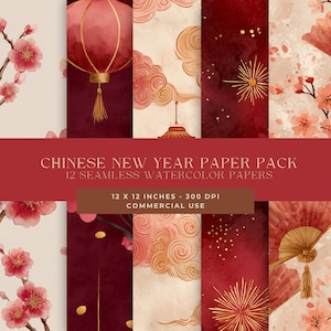 Puede incluir: Un conjunto de 12 papeles de acuarela sin costuras con temática de Año Nuevo chino. Los papeles presentan colores rojo, dorado y crema con imágenes de linternas, nubes, fuegos artificiales y flores de cerezo. Cada papel mide 30,48 x 30,48 cm.