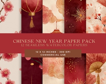 Puede incluir: Un conjunto de 12 papeles de acuarela sin costuras con temática de Año Nuevo chino. Los papeles presentan colores rojo, dorado y crema con imágenes de linternas, nubes, fuegos artificiales y flores de cerezo. Cada papel mide 30,48 x 30,48 cm.