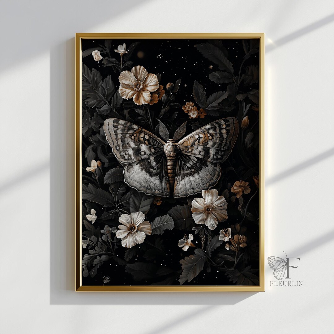 Dark Academia Art Moth Elegant Floral Print Mystical Nocturnal Nature ...