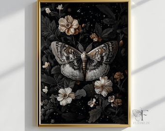 Puede incluir: Una mariposa negra y blanca con detalles marrones está rodeada de flores blancas y marrones sobre un fondo negro con motas blancas. La imagen está enmarcada en oro.