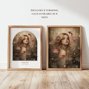 Arte del zodiaco de la diosa Piscis, decoración de pared de astrología, impresión del signo zodiacal, ninfa del agua y pez koi imprimible, póster de la diosa de la fantasía, descarga digital