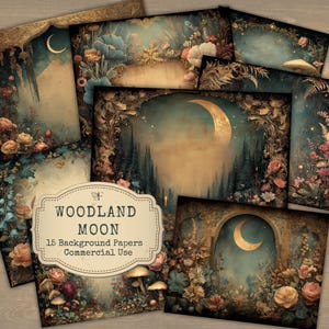 May include: A collection of 15 Woodland Moon background papers with a vintage aesthetic. The papers feature illustrations of moons, flowers, and mushrooms in a dreamy, watercolor style. The color palette includes blues, greens, and golds, creating a whimsical and enchanting feel.