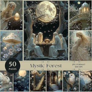 Moonlit Fantasy Journal Seiten, digital druckbare, ätherische Fairycore Ästhetik, himmlische Elfenkunst, mystische Ephemera, hochauflösende JPG