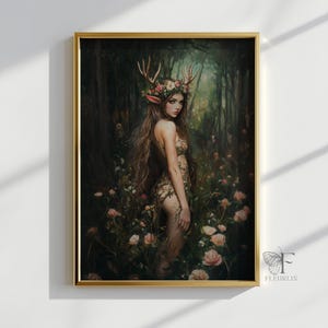 Wald Elf Dekor Mystisch Fantasy Druide Print Wald Göttin Poster Floral Digital Natur Geist dunkel Cottagecore Wand Kunst Home Design