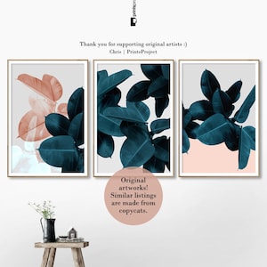 Botanical Print Set of 3, Plant Leaf Prints, Navy Blue Wall Art, Tropical Poster, Bedroom Decor, Digital Download, Downloadable Art