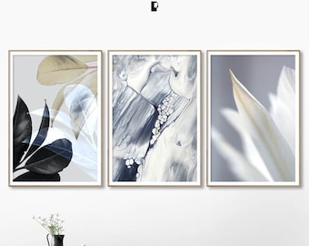 Abstrakte botanische Wand Kunst Drucke: Grauer Marmor, Blatt Set (Digitaler Download)
