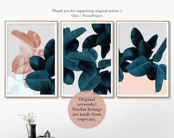 Botanical Print Set of 3, Plant Leaf Prints, Navy Blue Wall Art, Tropical Poster, Bedroom Decor, Digital Download, Downloadable Art