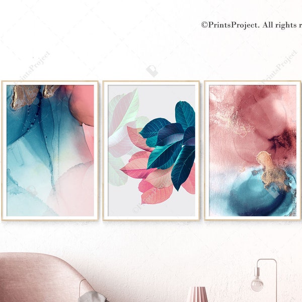 Pink and Blue Abstract Alcohol Ink Art Set of 3 Prints, Tropical Leaf Print, Above Bed Decor, New Home Gift for Couple