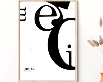 Merci, Thank You Wall Art, Thanksgiving, Gift for Her, Typography Poster, Black and White, Large Art Print, Scandinavian Print, Modern Art