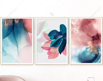 Pink and Blue Abstract Alcohol Ink Art Set of 3 Prints, Tropical Leaf Print, Above Bed Decor, New Home Gift for Couple