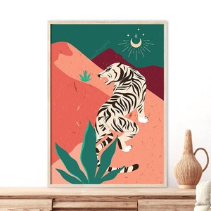 Tiger Illustration, Terracotta Animal Print, Burnt Orange Boho Bedroom Decor, Digital Download, Big Cat Print, Abstract Mountain Print image 1